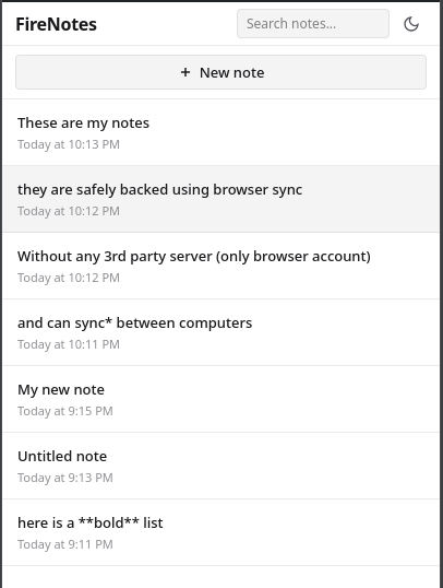 FireNotes list view